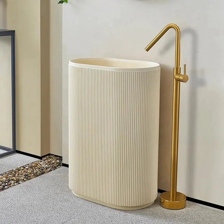 Cream Freestanding Pedestal Basin – Artificial Stone Hand Wash Sink with Faucet Included - Floor standing bathroom basinBathroomLux