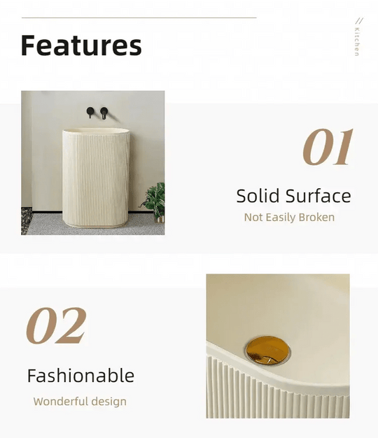 Cream Freestanding Pedestal Basin – Artificial Stone Hand Wash Sink with Faucet Included - Floor standing bathroom basinBathroomLux