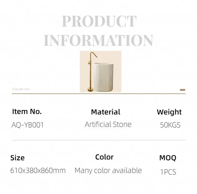 Cream Freestanding Pedestal Basin – Artificial Stone Hand Wash Sink with Faucet Included - Floor standing bathroom basinBathroomLux