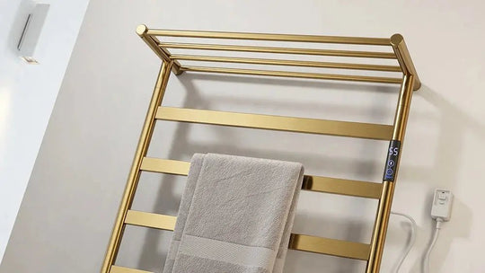 Electric Heated Towel Rack – Brushed Gold Stainless Steel Drying Bars for Bathroom - Towel Racks IN UKBathroomLux