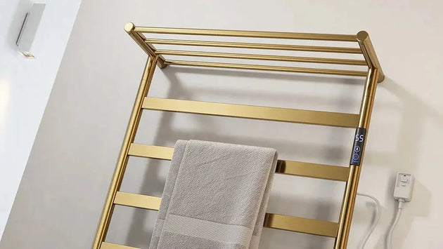 Electric Heated Towel Rack – Brushed Gold Stainless Steel Drying Bars for Bathroom - Towel Racks IN UKBathroomLux