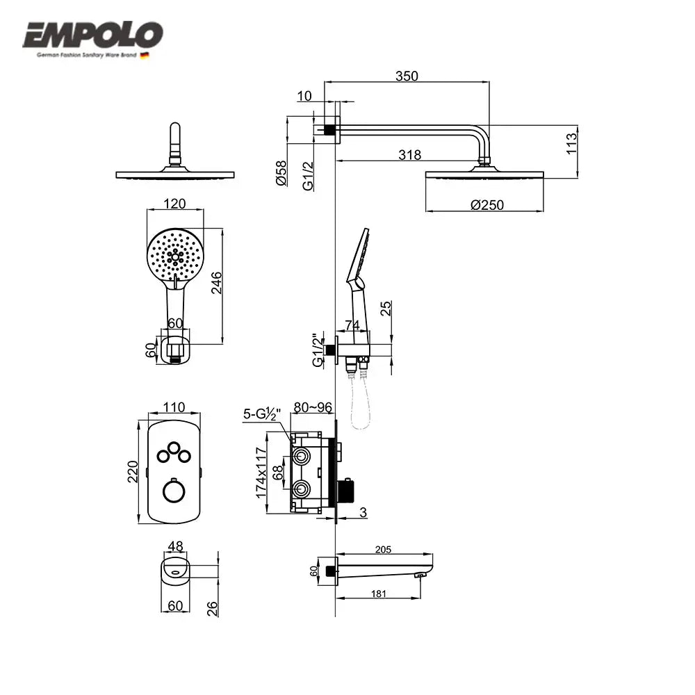 Empolo Brass Thermostatic Shower System – Concealed Modern Design - Chrome Brass Thermostatic Shower SystemBathroomLux