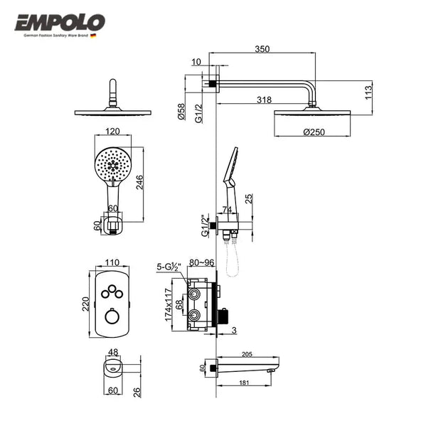 Empolo Brass Thermostatic Shower System – Concealed Modern Design - Chrome Brass Thermostatic Shower SystemBathroomLux