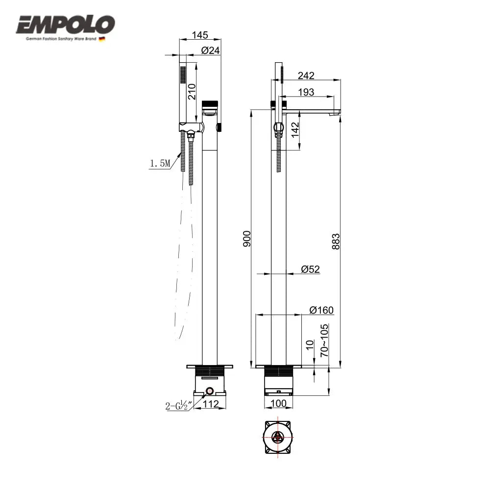 Empolo Floor Mounted Bath Taps – Freestanding Faucet with Handshower - Freestanding Faucet with HandshowerBathroomLux