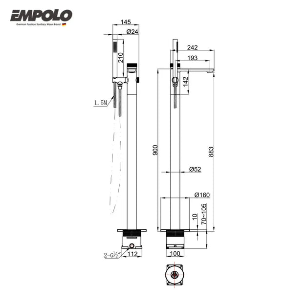 Empolo Floor Mounted Bath Taps – Freestanding Faucet with Handshower - Freestanding Faucet with HandshowerBathroomLux