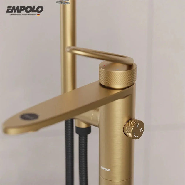 Empolo Luxury Freestanding Bath Shower Mixer Tap – Brushed Brass - Freestanding Bath Shower Mixer TapBathroomLux