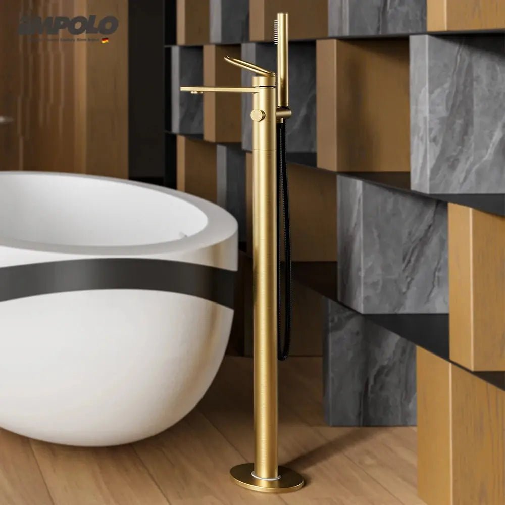 Empolo Luxury Freestanding Bath Shower Mixer Tap – Brushed Brass - Freestanding Bath Shower Mixer TapBathroomLux
