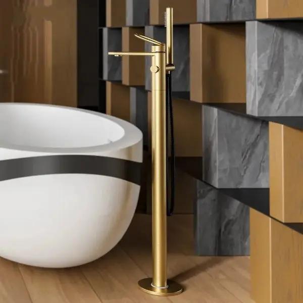 Empolo Luxury Freestanding Bath Shower Mixer Tap – Brushed Brass - Freestanding Bath Shower Mixer TapBathroomLux