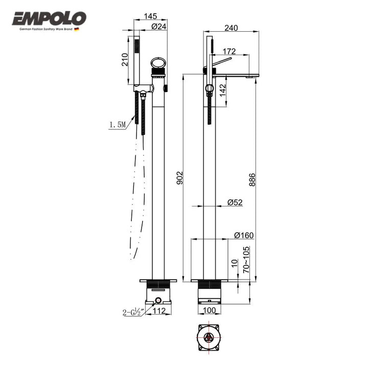 Empolo Luxury Freestanding Bath Shower Mixer Tap – Brushed Brass - Freestanding Bath Shower Mixer TapBathroomLux