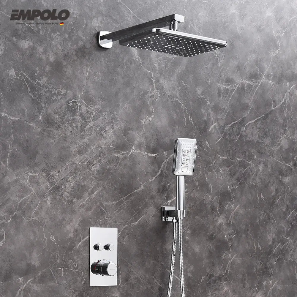 Empolo Wall Mounted Thermostatic Rainfall Shower Set – Chrome Brass Bathroom System - Rainfall Shower SetBathroomLux