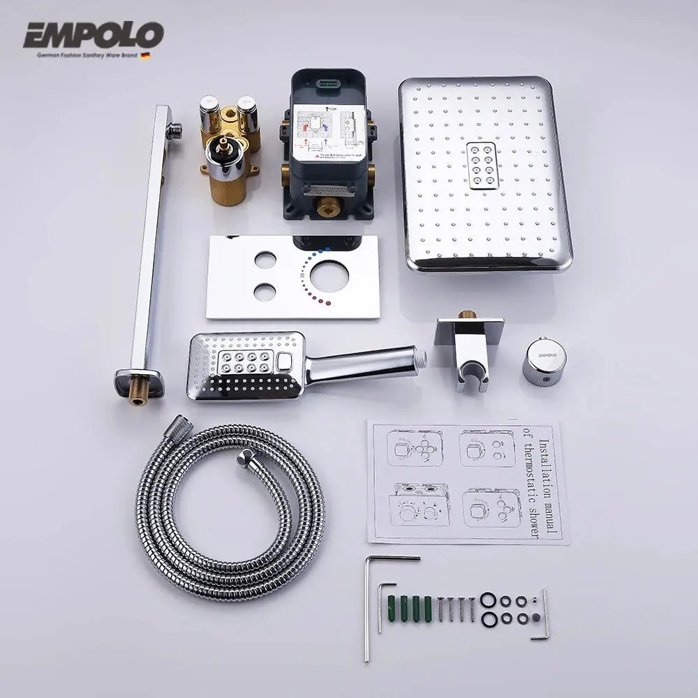 Empolo Wall Mounted Thermostatic Rainfall Shower Set – Chrome Brass Bathroom System - Rainfall Shower SetBathroomLux