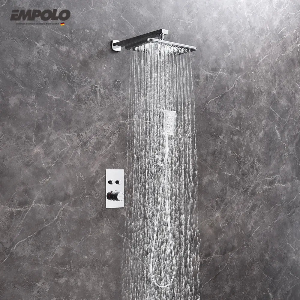 Empolo Wall Mounted Thermostatic Rainfall Shower Set – Chrome Brass Bathroom System - Rainfall Shower SetBathroomLux