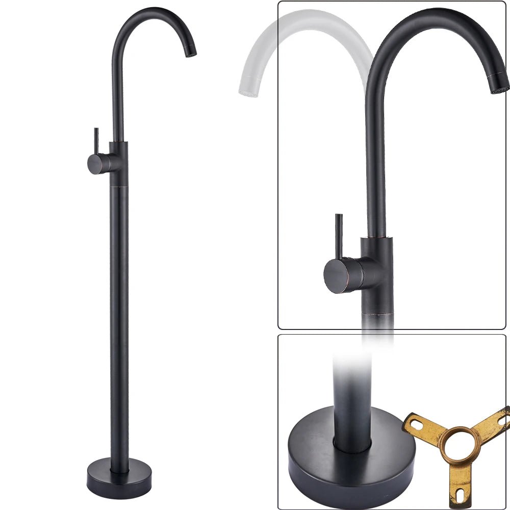 Freestanding Bath Shower Faucet Floor Mounted Mixer Tap with Rotate Spout In Gold - Freestanding bathtubBathroomLux