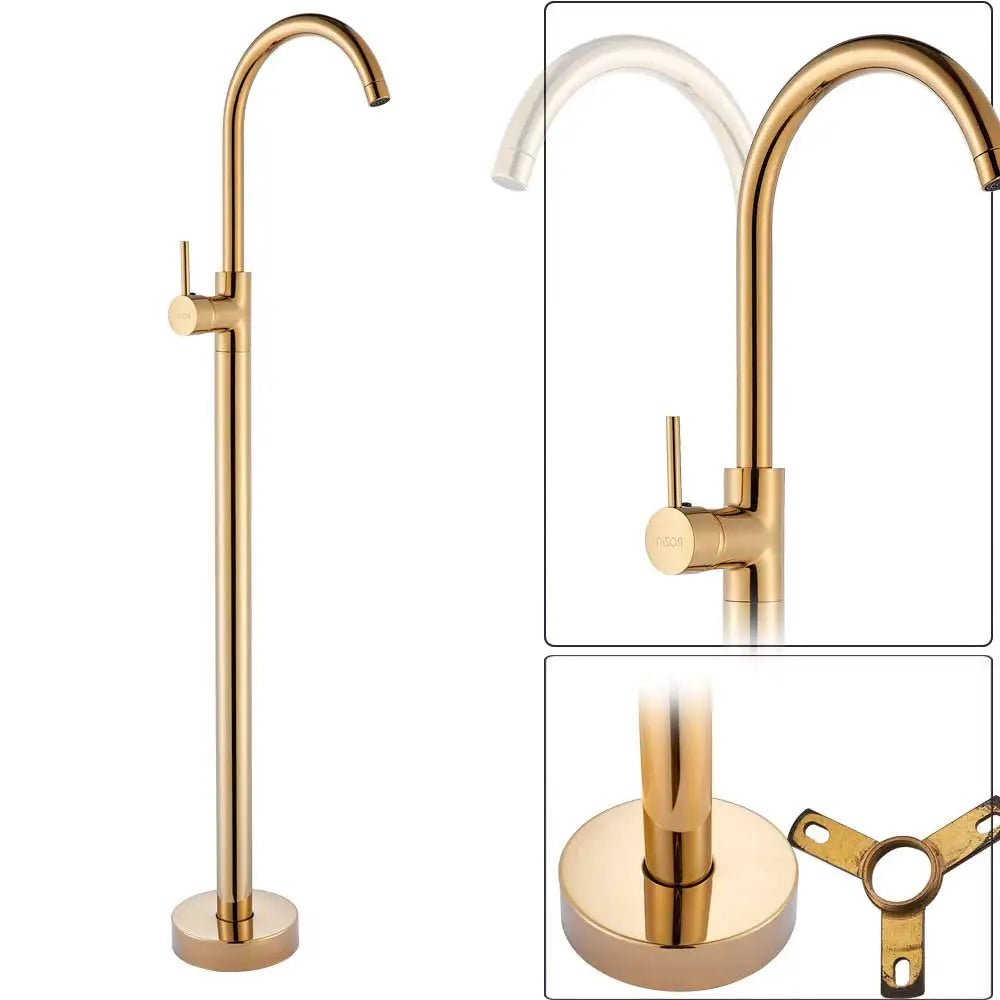 Freestanding Bath Shower Faucet Floor Mounted Mixer Tap with Rotate Spout In Gold - Freestanding bathtubBathroomLux