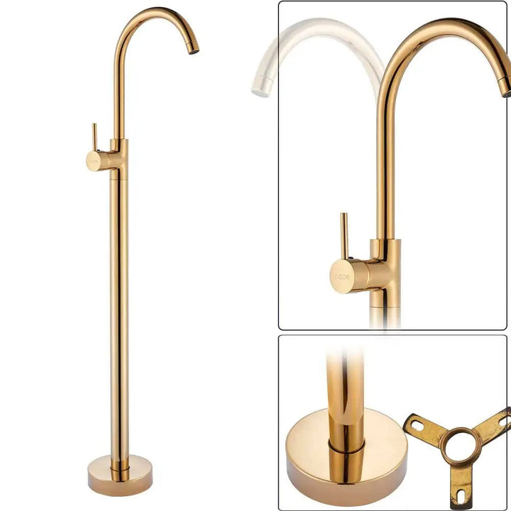 Freestanding Bath Shower Faucet Floor Mounted Mixer Tap with Rotate Spout In Gold - Freestanding bathtubBathroomLux