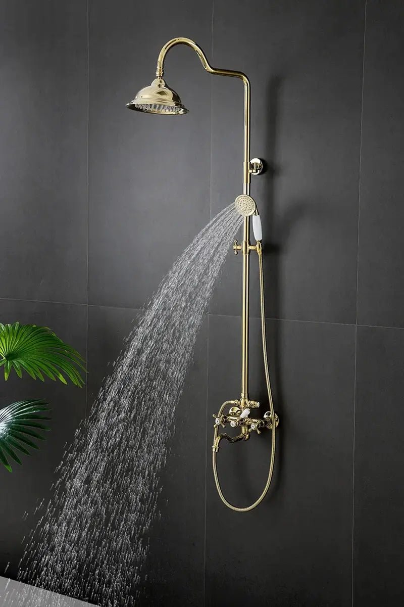 Gold Antique Brass 2 - Handle Exposed Shower Faucet Combo Set - Complete Shower SystemBathroomLux