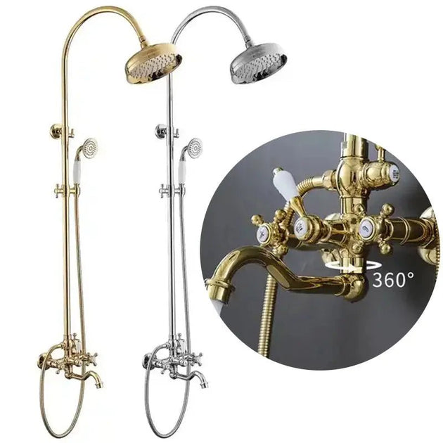 Gold Antique Brass 2 - Handle Exposed Shower Faucet Combo Set - Complete Shower SystemBathroomLux