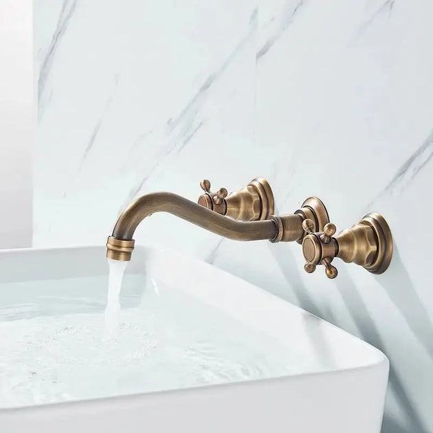 Gold Antique Brass Wall - Mounted Basin Faucet – Dual Handles Swivel Spout (Copy) - Matte Black Wall - Mounted Basin Mixer TapBathroomLux