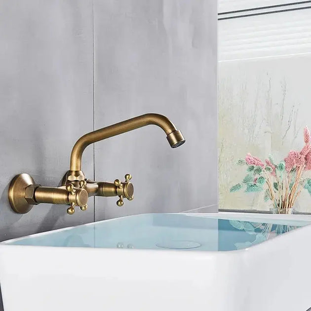 Gold Antique Brass Wall - Mounted Basin Faucet – Dual Handles Swivel Spout (Copy) - Matte Black Wall - Mounted Basin Mixer TapBathroomLux