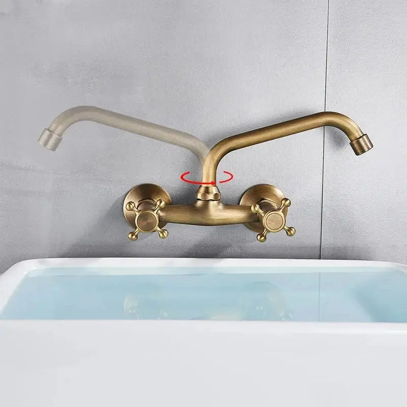 Gold Antique Brass Wall - Mounted Basin Faucet – Dual Handles Swivel Spout (Copy) - Matte Black Wall - Mounted Basin Mixer TapBathroomLux