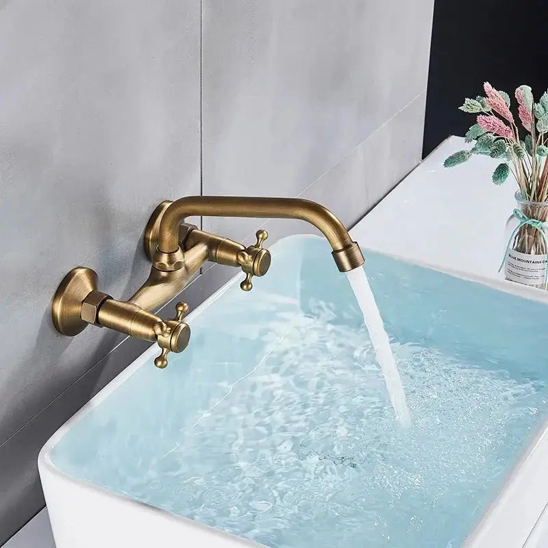 Gold Antique Brass Wall - Mounted Basin Faucet – Dual Handles Swivel Spout (Copy) - Matte Black Wall - Mounted Basin Mixer TapBathroomLux