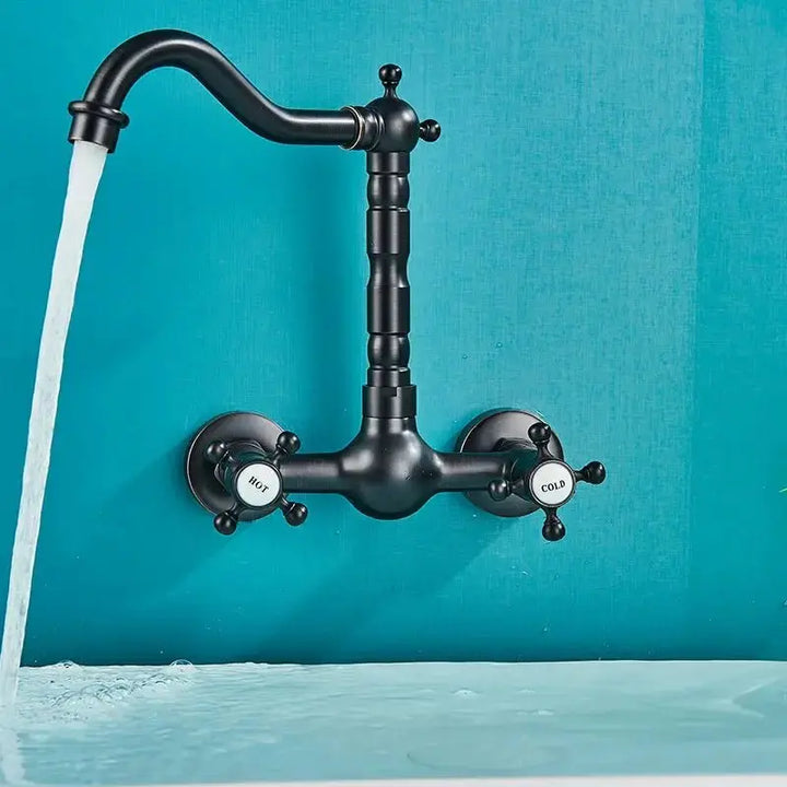 Gold Antique Brass Wall - Mounted Basin Faucet – Dual Handles Swivel Spout (Copy) - Matte Black Wall - Mounted Basin Mixer TapBathroomLux