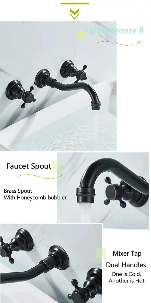 Gold Antique Brass Wall - Mounted Basin Faucet – Dual Handles Swivel Spout (Copy) - Matte Black Wall - Mounted Basin Mixer TapBathroomLux