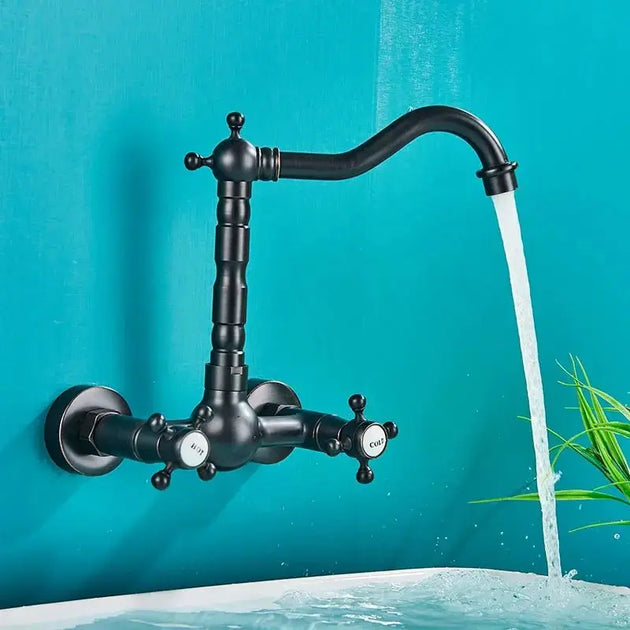 Gold Antique Brass Wall - Mounted Basin Faucet – Dual Handles Swivel Spout (Copy) - Matte Black Wall - Mounted Basin Mixer TapBathroomLux