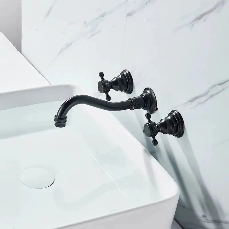 Gold Antique Brass Wall - Mounted Basin Faucet – Dual Handles Swivel Spout (Copy) - Matte Black Wall - Mounted Basin Mixer TapBathroomLux