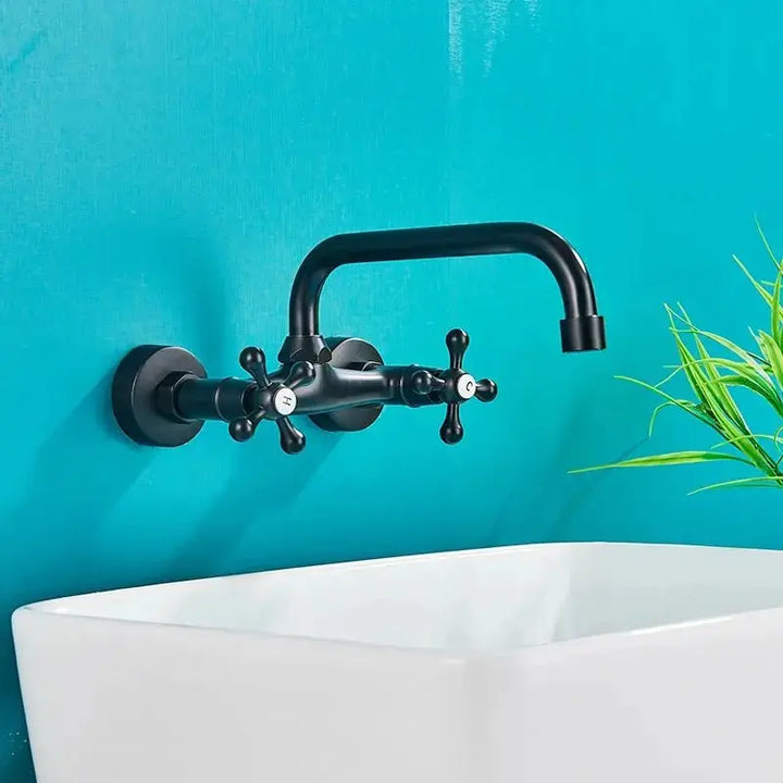 Gold Antique Brass Wall - Mounted Basin Faucet – Dual Handles Swivel Spout (Copy) - Matte Black Wall - Mounted Basin Mixer TapBathroomLux