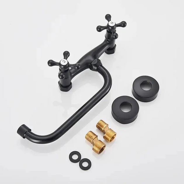 Gold Antique Brass Wall - Mounted Basin Faucet – Dual Handles Swivel Spout (Copy) - Matte Black Wall - Mounted Basin Mixer TapBathroomLux