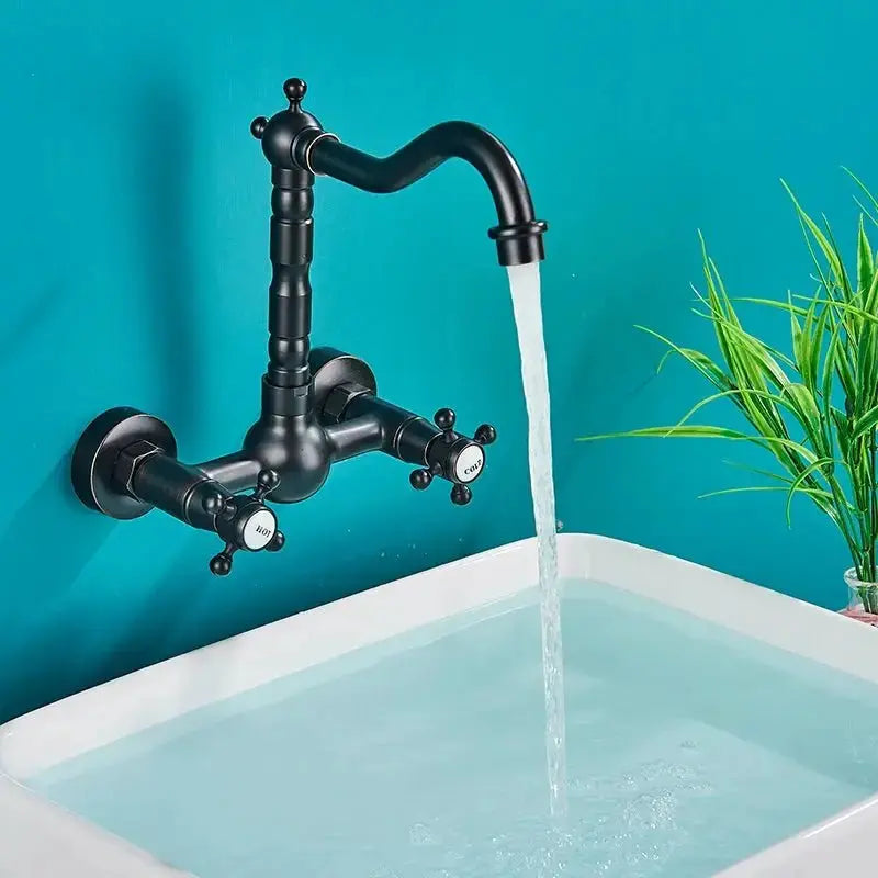 Gold Antique Brass Wall - Mounted Basin Faucet – Dual Handles Swivel Spout (Copy) - Matte Black Wall - Mounted Basin Mixer TapBathroomLux