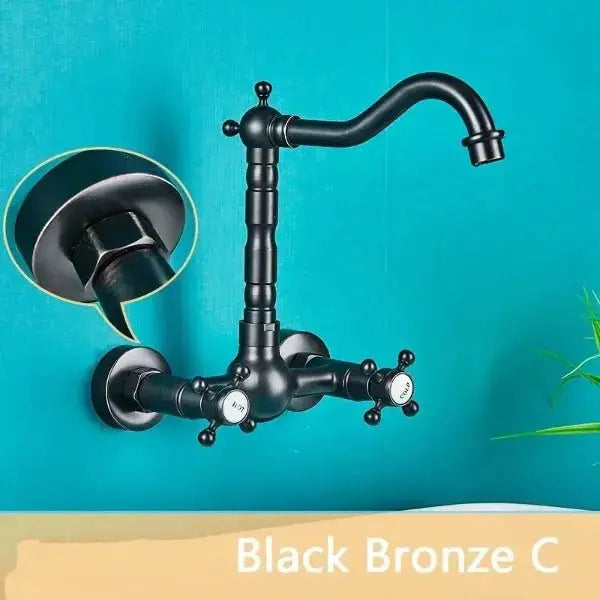 Gold Antique Brass Wall - Mounted Basin Faucet – Dual Handles Swivel Spout (Copy) - Matte Black Wall - Mounted Basin Mixer TapBathroomLux