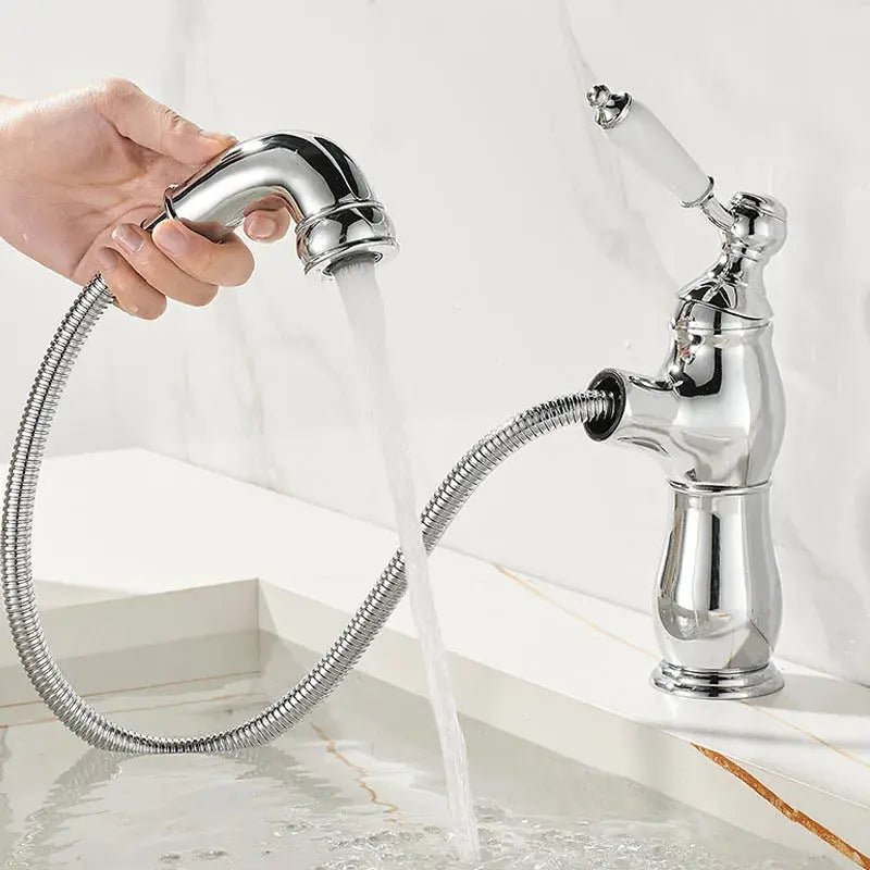 Gold Pull - Out Bathroom faucet Hot & Cold Mixer Tap Small - Pull - Out Bathroom Basin Mixer TapBathroomLux