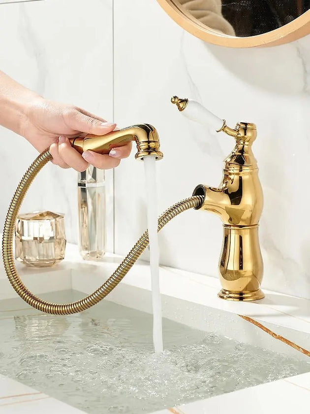Gold Pull - Out Bathroom faucet Hot & Cold Mixer Tap Small - Pull - Out Bathroom Basin Mixer TapBathroomLux