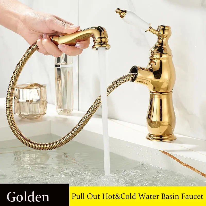 Gold Pull - Out Bathroom faucet Hot & Cold Mixer Tap Small - Pull - Out Bathroom Basin Mixer TapBathroomLux