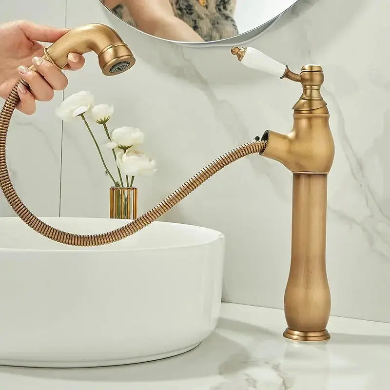 Gold Pull - Out Bathroom faucet Hot & Cold Mixer Tap Tall - Pull - Out Bathroom Basin Mixer TapBathroomLux