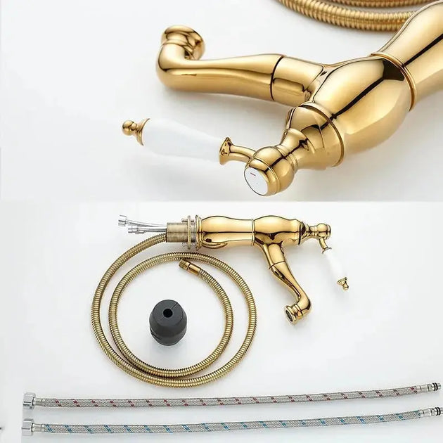 Gold Pull - Out Bathroom faucet Hot & Cold Mixer Tap Tall - Pull - Out Bathroom Basin Mixer TapBathroomLux