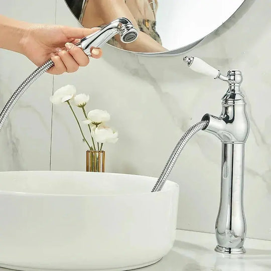 Gold Pull - Out Bathroom faucet Hot & Cold Mixer Tap Tall - Pull - Out Bathroom Basin Mixer TapBathroomLux