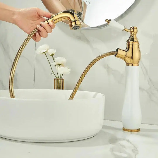 Gold Pull - Out Bathroom faucet Hot & Cold Mixer Tap Tall - Pull - Out Bathroom Basin Mixer TapBathroomLux