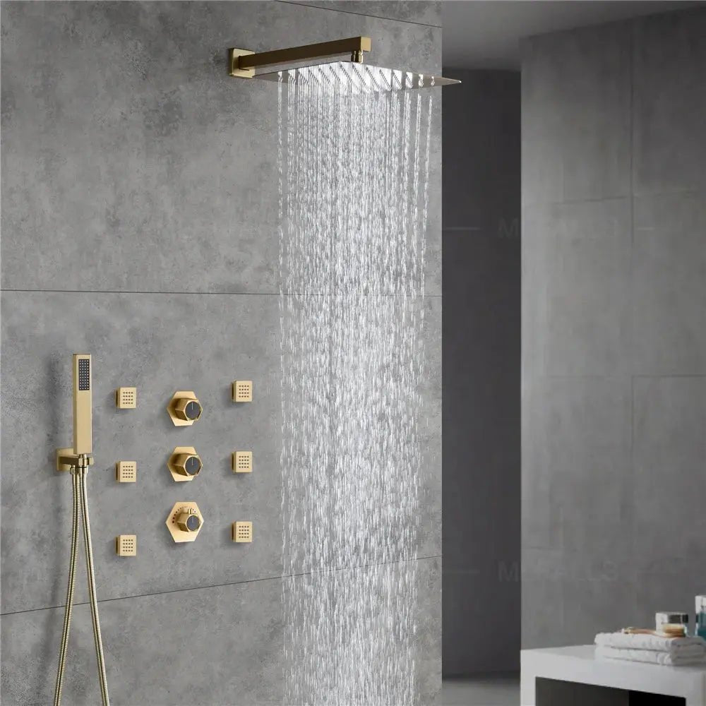 Gold Rainfall Shower Head with Handheld and Body Jets - rainfall shower head with handheldBathroomLux