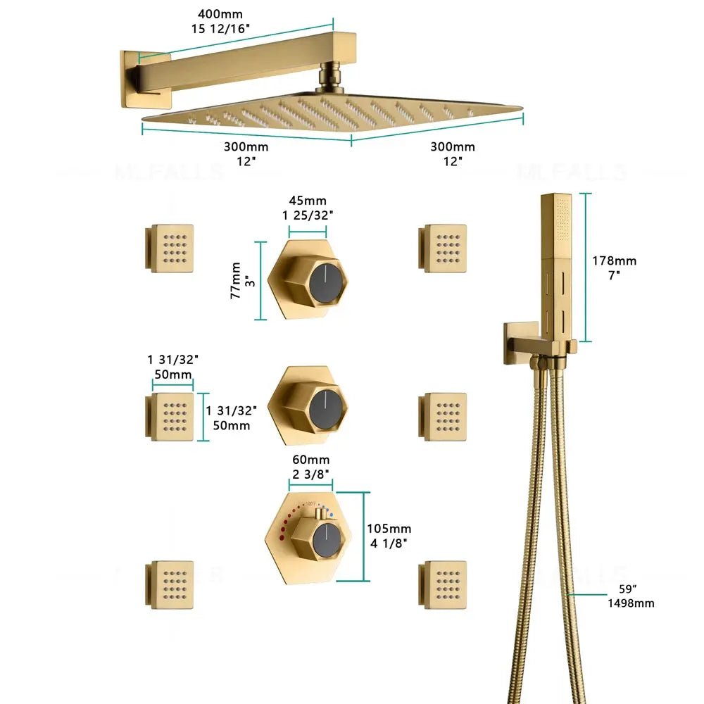 Gold Rainfall Shower Head with Handheld and Body Jets - rainfall shower head with handheldBathroomLux