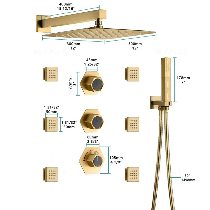 Gold Rainfall Shower Head with Handheld and Body Jets - rainfall shower head with handheldBathroomLux