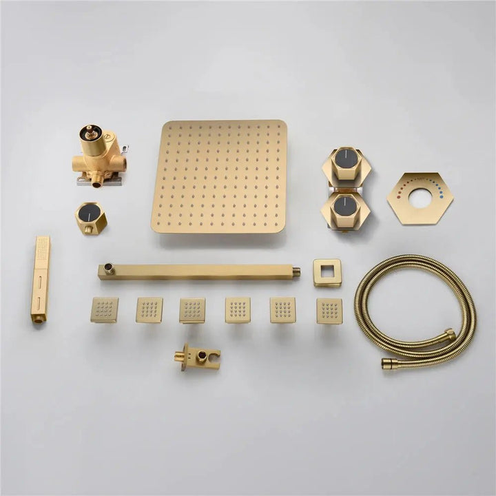 Gold Rainfall Shower Head with Handheld and Body Jets - rainfall shower head with handheldBathroomLux