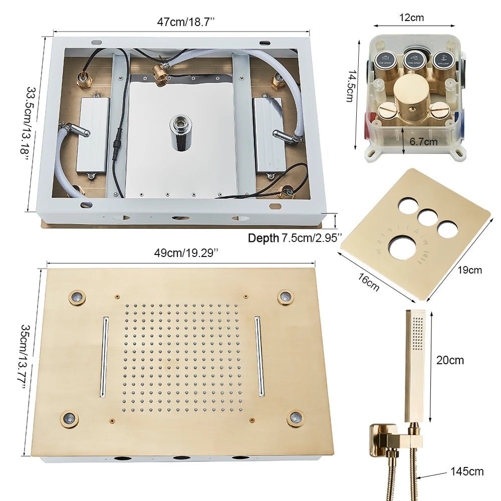 Gold Thermostatic Shower Faucet Set with LED Rainfall Head - bathroom, showers, thermostaticBathroomLux