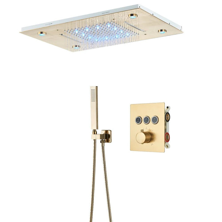 Gold Thermostatic Shower Faucet Set with LED Rainfall Head - bathroom, showers, thermostaticBathroomLux