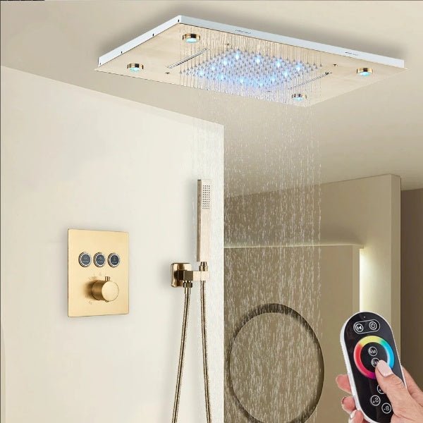 Gold Thermostatic Shower Faucet Set with LED Rainfall Head - bathroom, showers, thermostaticBathroomLux