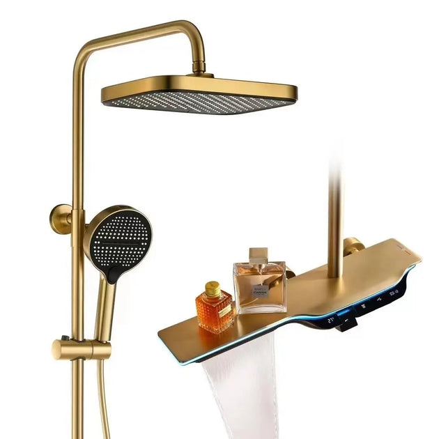 Gold Wall - Mount LED Digital Display Waterfall Bathroom Shower - bathroom, showers, thermostaticBathroomLux