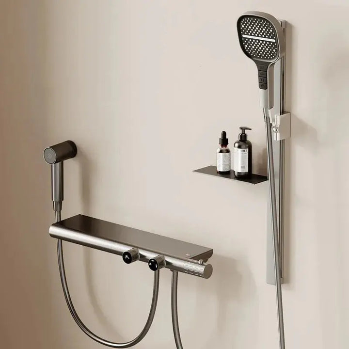 Gray Wall - Mounted Thermostatic Bathtub Shower Set - Brass Mixer - bathroom, showers, thermostaticBathroomLux