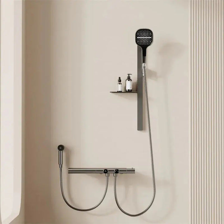 Gray Wall - Mounted Thermostatic Bathtub Shower Set - Brass Mixer - bathroom, showers, thermostaticBathroomLux